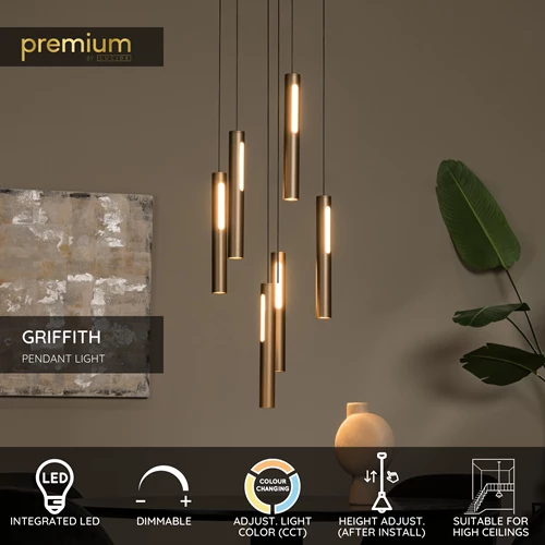 Lucide GRIFFITH - Pendant light - Ø 38 cm - LED Dim. - CCT - 6x6W 2700K/4000K - Suitable for double-height spaces and high ceiling - Bronze | Premium - USP